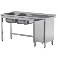 Prístenný nerezový stôl s dvojkomorovým drezom a skrinkou, s krídlovými dvierkami 1600x700x850 mm | ASBER, STW-167/2-PL-L-HD