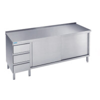 Pracovný stôl 1800x700x900 mm, 2 police, blok so 3 zásuvkami, 2 posuvné dvere a pracovná doska so zadným lemom  | RILLING, ASS 0718C S3L0