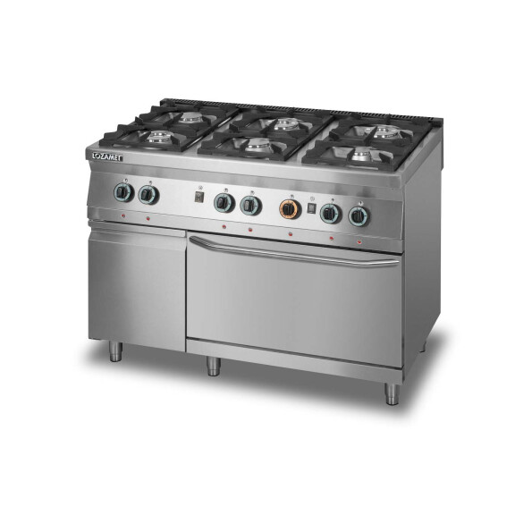 Plynový sporák so 6 horáky s plynovou rúrou GN 2/1 a skrinkou, 1200x700x900 mm | LOZAMET, L700.KG6-PG+SD