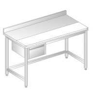 Stôl prístenný z nerezovej ocele s krájacou doskou, šuplíkom, so zadnou lištou a odkvapovou lištou 1800x700x850 mm | DORA METAL, DM-S-3106