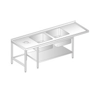 Stôl prístenný z nerezovej ocele s miestom na umývačku, otvorom pre odpad, 2 drezy a poličkou 2300x600x850 mm | DORA METAL, DM-3230