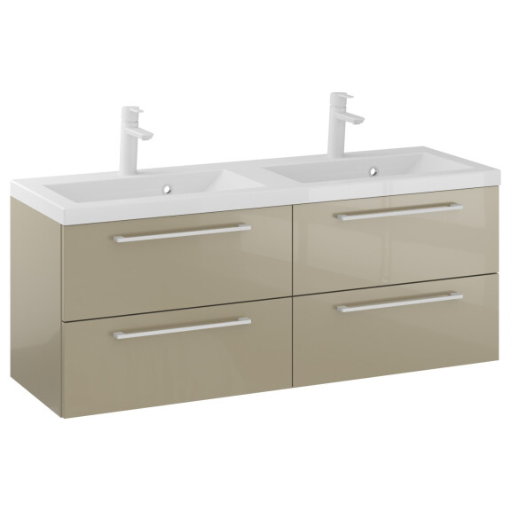 Szafka Wisząca Z Umywalką RON 120 cm DUO - Cappuccino Wysoki Połysk - Uchwyty Białe Matowe