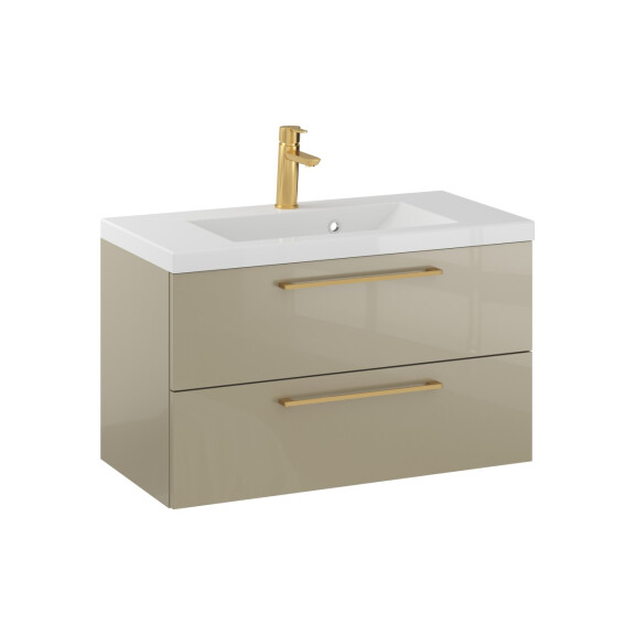 Szafka Wisząca Z Umywalką RON 80 cm - Cappuccino Wysoki Połysk - Uchwyty Złote Szczotkowane