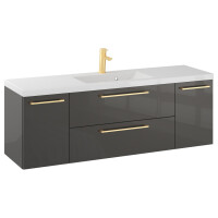 Szafka Wisząca Z Umywalką RON 140 cm D - Titan Wysoki Połysk - Uchwyty Złote Szczotkowane