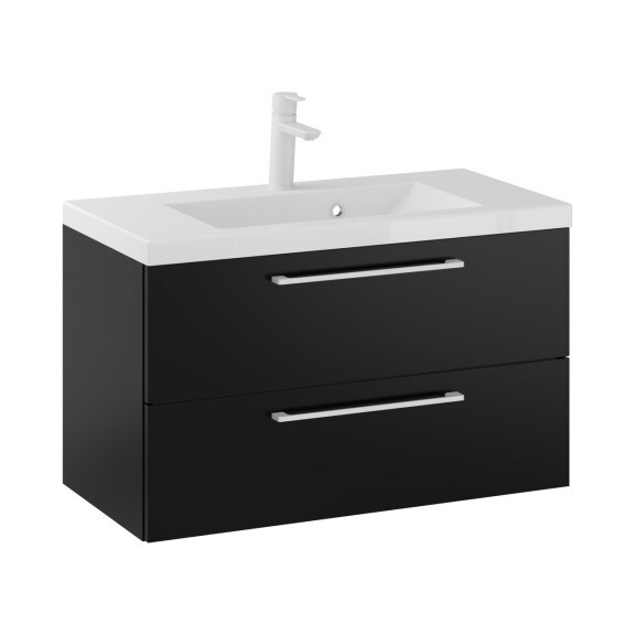 Szafka Wisząca Z Umywalką RON 80 cm - Czarny Mat - Uchwyty Białe Matowe