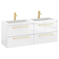 Szafka Wisząca Z Umywalką RON 120 cm DUO - Biały Wysoki Połysk - Uchwyty Złote Szczotkowane