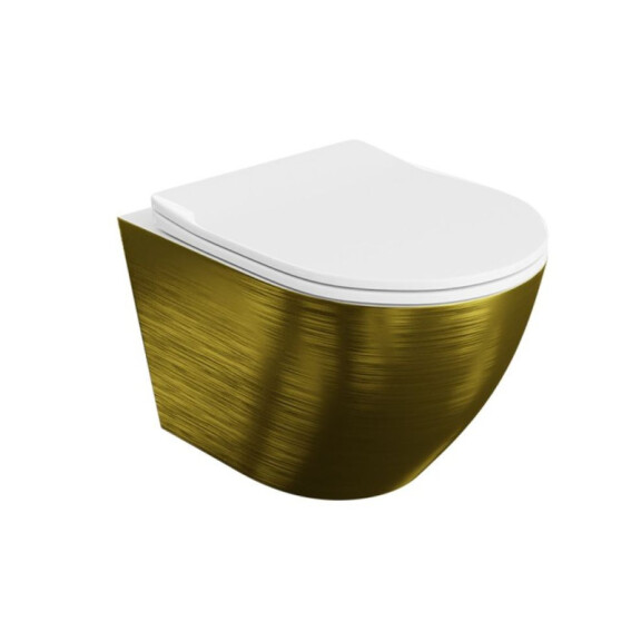 Lavita Sofi Slim Brushed Gold Zestaw Toaleta WC bez kołnierza 49x36,5 cm + deska wolnoopadająca złoty szczotkowany/biały połysk 5900378331858