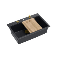 Quadron Marc 110 Zestaw Zlewozmywak granitowy jednokomorowy 76x50 cm + syfon + dozownik + deska pure carbon/elementy złote PVD HQM7650U7_PVDG1