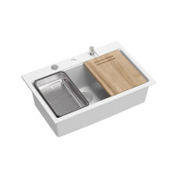 Quadron Marc 110 Zestaw Zlewozmywak granitowy jednokomorowy 76x50 cm + syfon + dozownik + wkładka ociekowa + Qmata + deska snow white/elementy stalowe HQM7650U1_BS