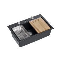 Quadron Marc 110 Zestaw Zlewozmywak granitowy jednokomorowy 76x50 cm + syfon + dozownik + wkładka ociekowa + Qmata + deska black diamond/elementy stalowe HQM7650U8_BS