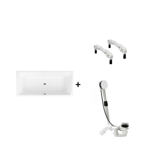 Villeroy & Boch Targa Zestaw Wanna prostokątna 170x75 cm + nóżki + syfon do wanny z odpływem na środku biały Weiss Alpin/chrom UBA170FRA2V01+U99740000+138561