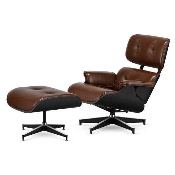 Fotel Lucera XL z podnóżkiem insp. Lounge Chair Brązowa Skóra Czarny dąb Czarna z chromowanymi grzbietami