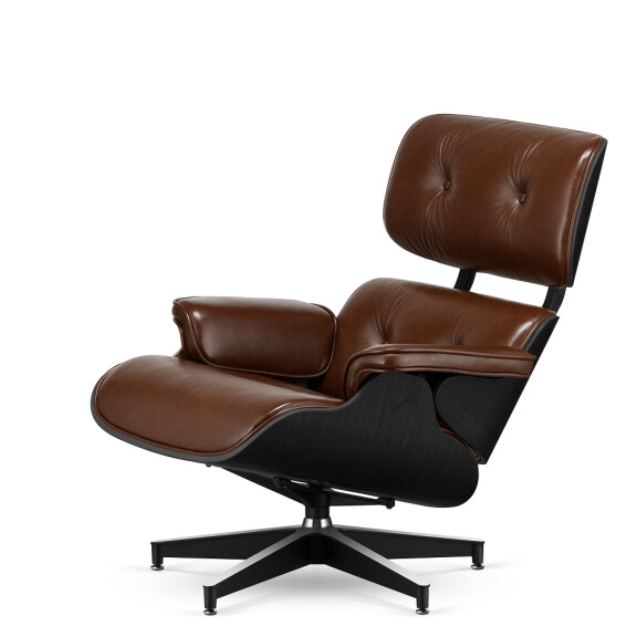 Fotel Lucera insp. Lounge Chair  Brązowa skóra Czarny dąb Czarna z chromowanymi grzbietami