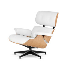 Fotel Lucera XL z podnóżkiem insp. Lounge Chair Biała  Skóra Jasny dąb Czarna z chromowanymi grzbietami
