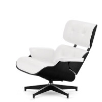 Fotel Lucera XL z podnóżkiem insp. Lounge Chair Biała  Skóra Czarny dąb Czarna z chromowanymi grzbietami
