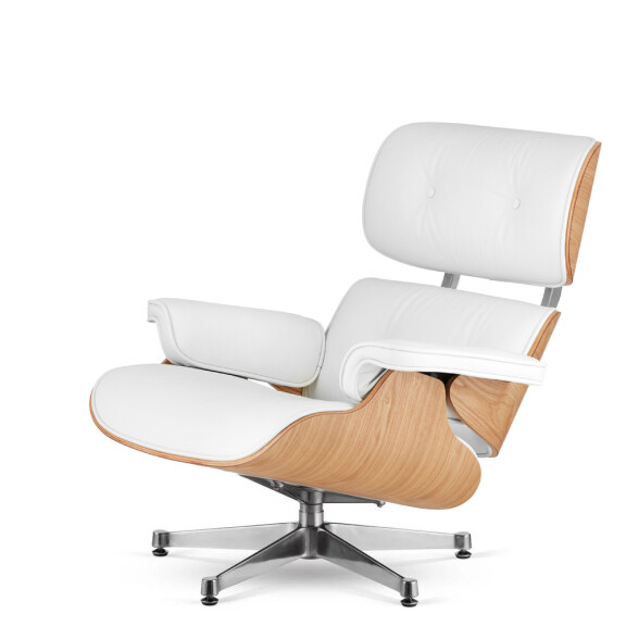 Fotel Lucera XL insp. Lounge Chair  Biała Skóra Jasny dąb Chromowana