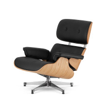 Fotel Lucera XL insp. Lounge Chair  Czarna Skóra Jasny dąb Chromowana