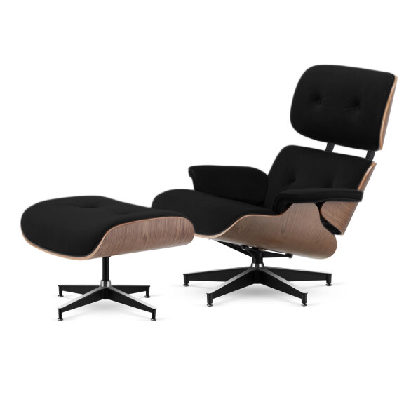 Fotel Lucera XL z podnóżkiem insp. Lounge Chair Velvet Czarny (YA2313-20) Jasny orzech