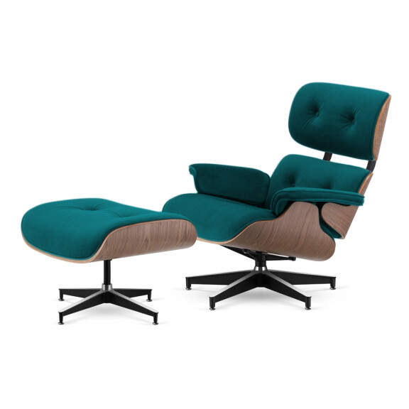 Fotel Lucera z podnóżkiem insp. Lounge Chair Velvet Morski (SWAN-17) Jasny orzech Czarna z chromowanymi grzbietami