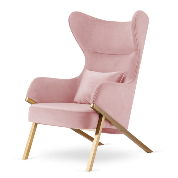Fotel Classy styl glamour wygodny elegancki uszak do salonu Złota Fotel pudrowy róż (SWAN-40) / poducha pudrowy róż błyszcząca (5051-10)