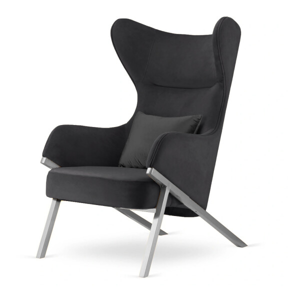 Fotel Classy styl glamour wygodny elegancki uszak do salonu Srebrna Fotel ciemnoszary (SWAN-13) / poducha czarna błyszcząca (5051-38)