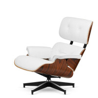 Fotel Lucera insp. Lounge Chair Biała Skóra Brazylijski palisander Czarna z chromowanymi grzbietami