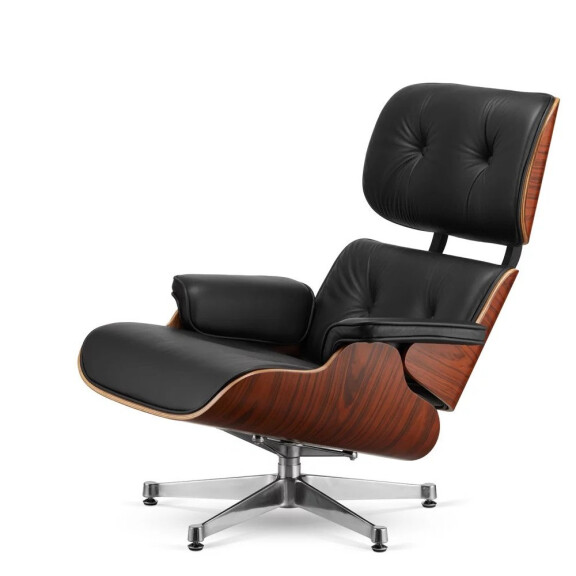 Fotel Lucera XL insp. Lounge Chair  Czarna Skóra Brazylijski palisander Chromowana
