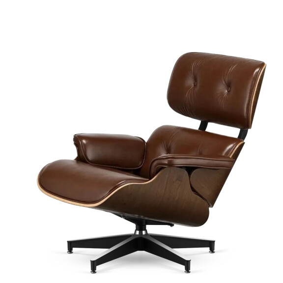 Fotel Lucera insp. Lounge Chair  Brązowa skóra Ciemny orzech Czarna z chromowanymi grzbietami