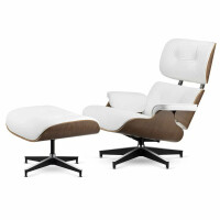 Fotel Lucera XL z podnóżkiem insp. Lounge Chair Biała  Skóra Jasny orzech Czarna z chromowanymi grzbietami