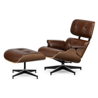 Fotel Lucera z podnóżkiem insp. Lounge Chair  Brązowa Skóra Ciemny orzech Czarna z chromowanymi grzbietami