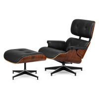 Fotel Lucera z podnóżkiem insp. Lounge Chair  Czarna Skóra Brazylijski palisander Czarna z chromowanymi grzbietami