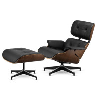 Fotel Lucera z podnóżkiem insp. Lounge Chair  Czarna Skóra Ciemny orzech Czarna z chromowanymi grzbietami