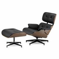 Fotel Lucera z podnóżkiem insp. Lounge Chair  Czarna Skóra Jasny orzech Czarna z chromowanymi grzbietami