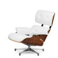 Fotel Lucera XL insp. Lounge Chair  Biała Skóra Brazylijski palisander Chromowana