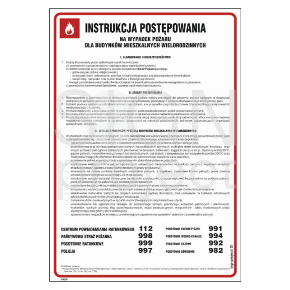 Znak "Instrukcja postępowania w przypadku powstania pożaru dla budynków mieszkalnych wielorodzinnych" Signproject