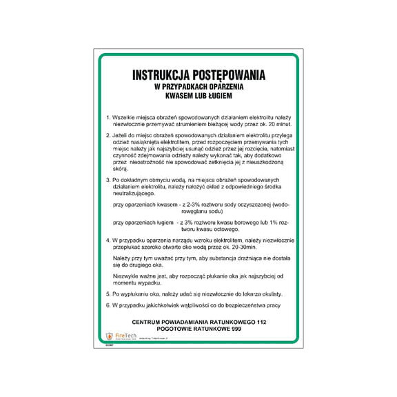 Znak "Instrukcja postępownia w przypadku oparzenia kwasem lub ługiem" Signproject