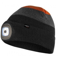 CZAPKA Z LATARKĄ LED, CZARNO-SZARO-POMARAŃCZOWA WARM