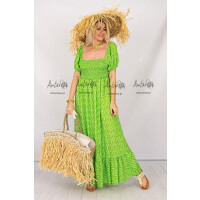 Sukienka Frosinonea maxi z falbanką u dołu bufiaste rękawki print drobne kwiatuszki zielona