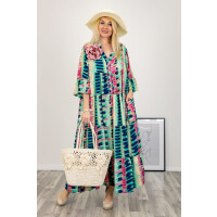 Oversizowa jedwabna sukienka maxi z falbankami guzikami Barbariga print tie dye miętowa z granatowym i fuksją