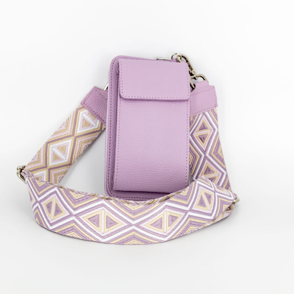 Torebka saszetka crossbody lawendowa z parcianym paskiem w trójkąty biały z beżowym