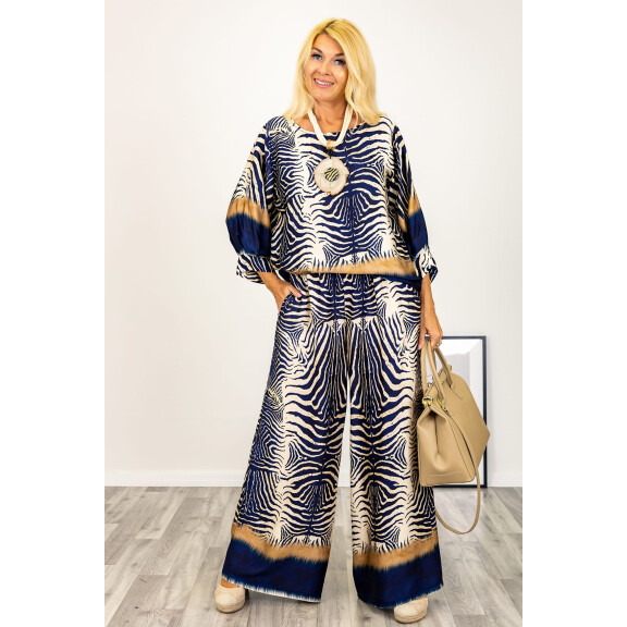 Satynowe spodnie Bolgheria wide leg zebra granatowe