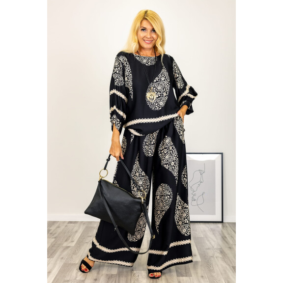 Satynowe spodnie Bolgheria wide leg paisley czarne