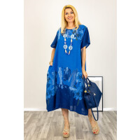Lniana sukienka oversize midi abstrakcyjne kwiaty rozcięcia Secinaroa chabrowa