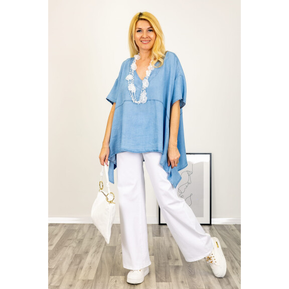 Jeansowa asymetryczna tunika mega oversize dekolt V Pietraroja light denim blue