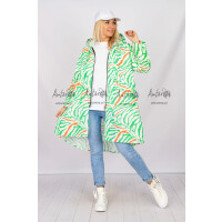 Asymetryczny wiosenny płaszcz Basentoa oversize podpinane rękawy print zebra zieleń pomarańcz