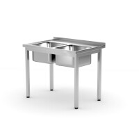 Stůl se dvěma dřezy – svařovaný, hloubka 600 mm, HENDI, Kitchen Line, 1000x600x(H)850mm