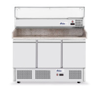 Třídveřový chladicí vozík na pizzu se skleněným nástavcem a žulovou pracovní deskou, Arktic, 254L, 230V/400W, 1400x700x(H)1491mm