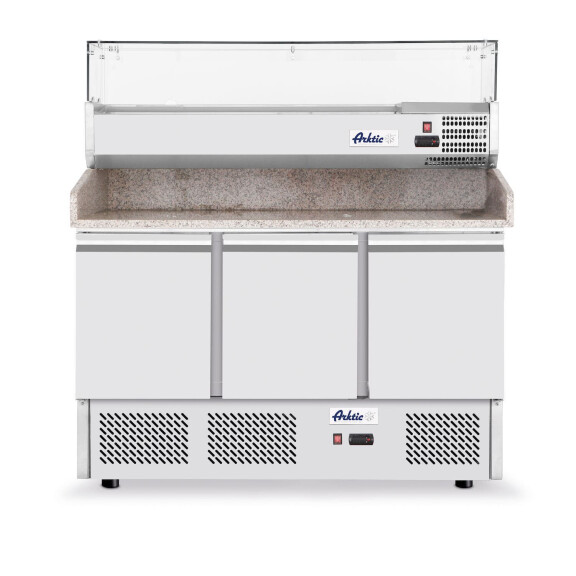 Třídveřový chladicí vozík na pizzu se skleněným nástavcem a žulovou pracovní deskou, Arktic, 254L, 230V/400W, 1400x700x(H)1491mm