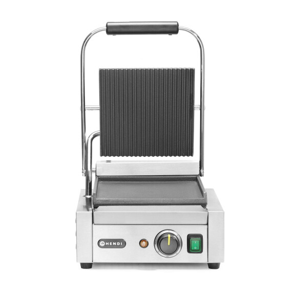 Kontaktní gril - single verze, HENDI, vroubkovaná horní, hladká spodní část, 230V/1800W, 310x400x(H)510mm