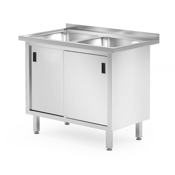 Stôl s 2 drezmi, skrinka – zváraný, s posuvnými dverami, HENDI, Profi Line, 1000x600x(H)850mm